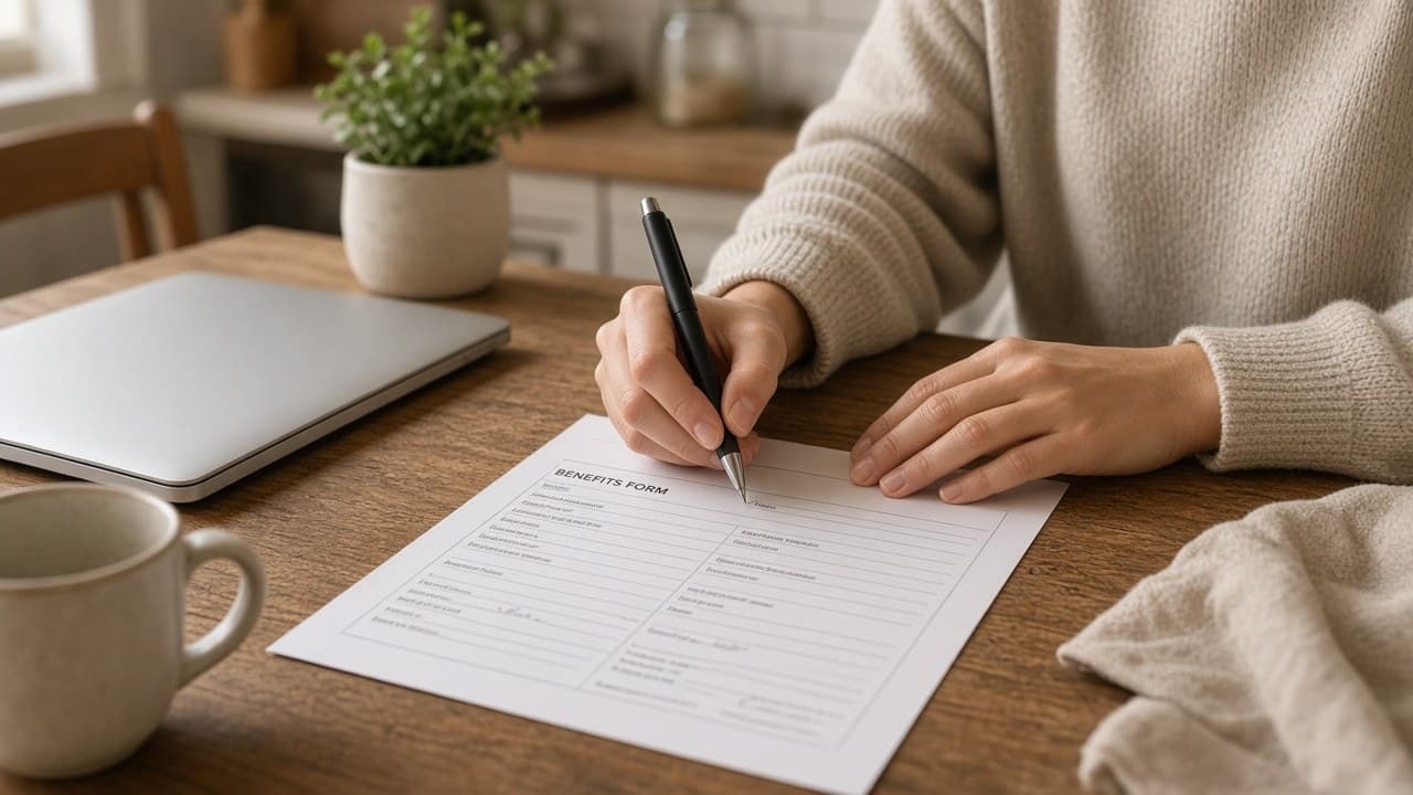 Hands typing on a laptop beside a birth-certificate folder