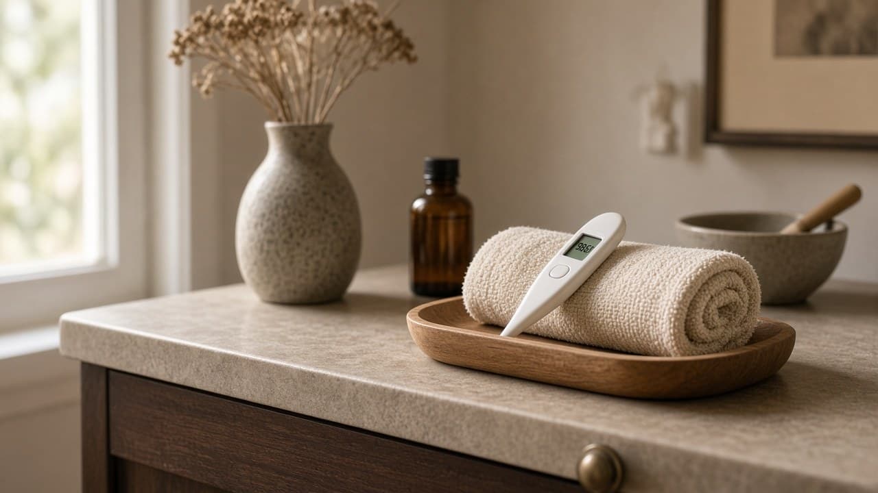 Thermometer and soft washcloth folded on a bathroom shelf