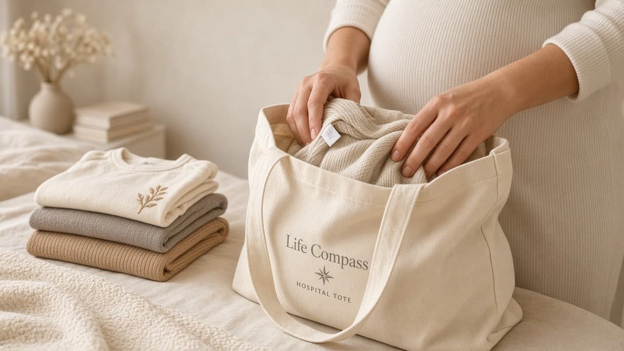Hands packing a hospital tote with a folder and phone charger