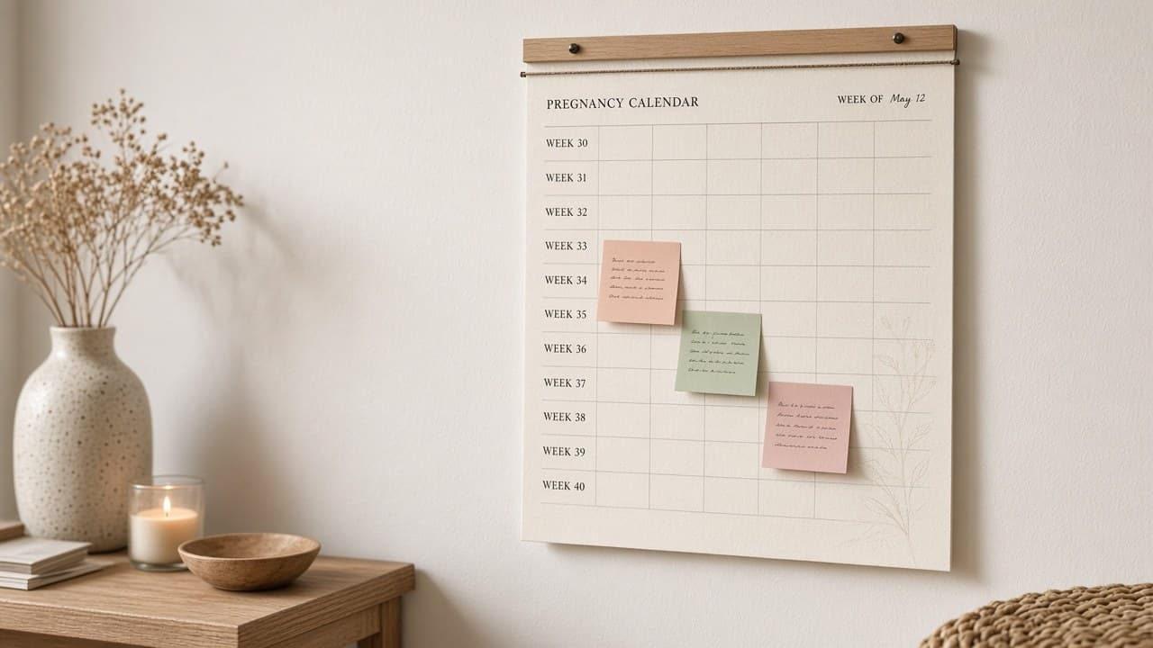 Wall calendar with a pen and soft morning light on a kitchen counter