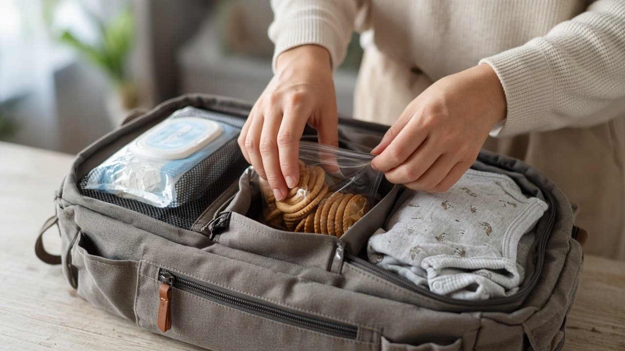 Hands packing wipes and diapers into a small backpack pouch