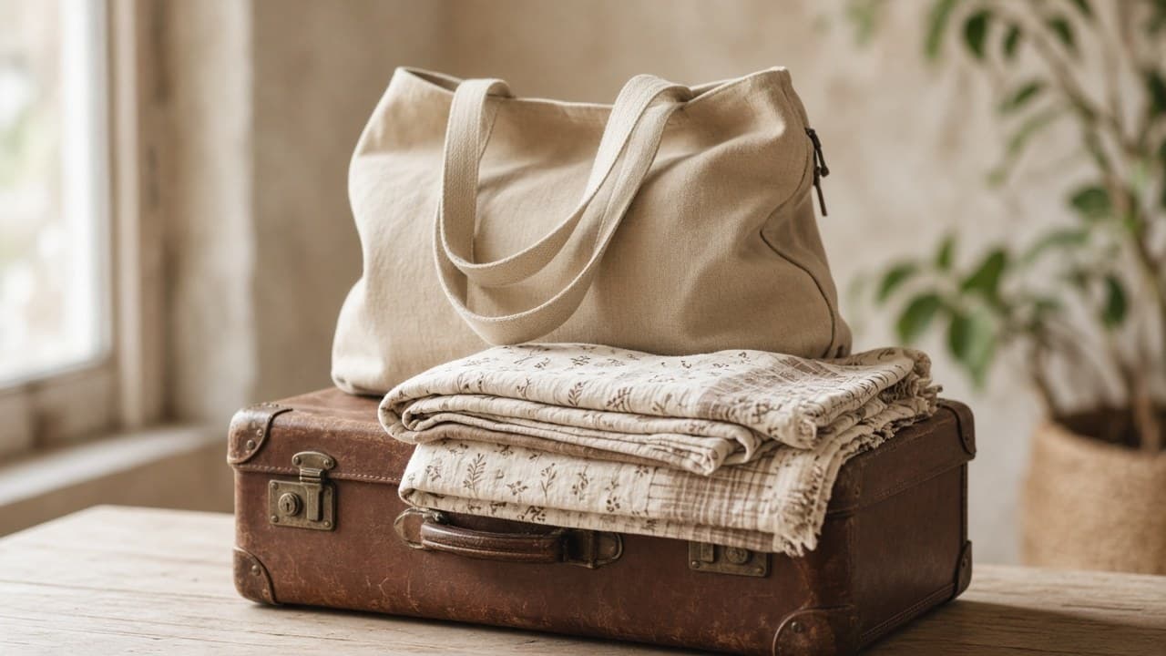 Open soft duffel with folded baby clothes and a diaper kit