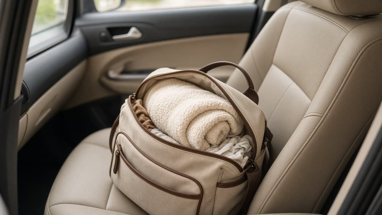 Packed diaper backpack and folded travel blanket by a front door