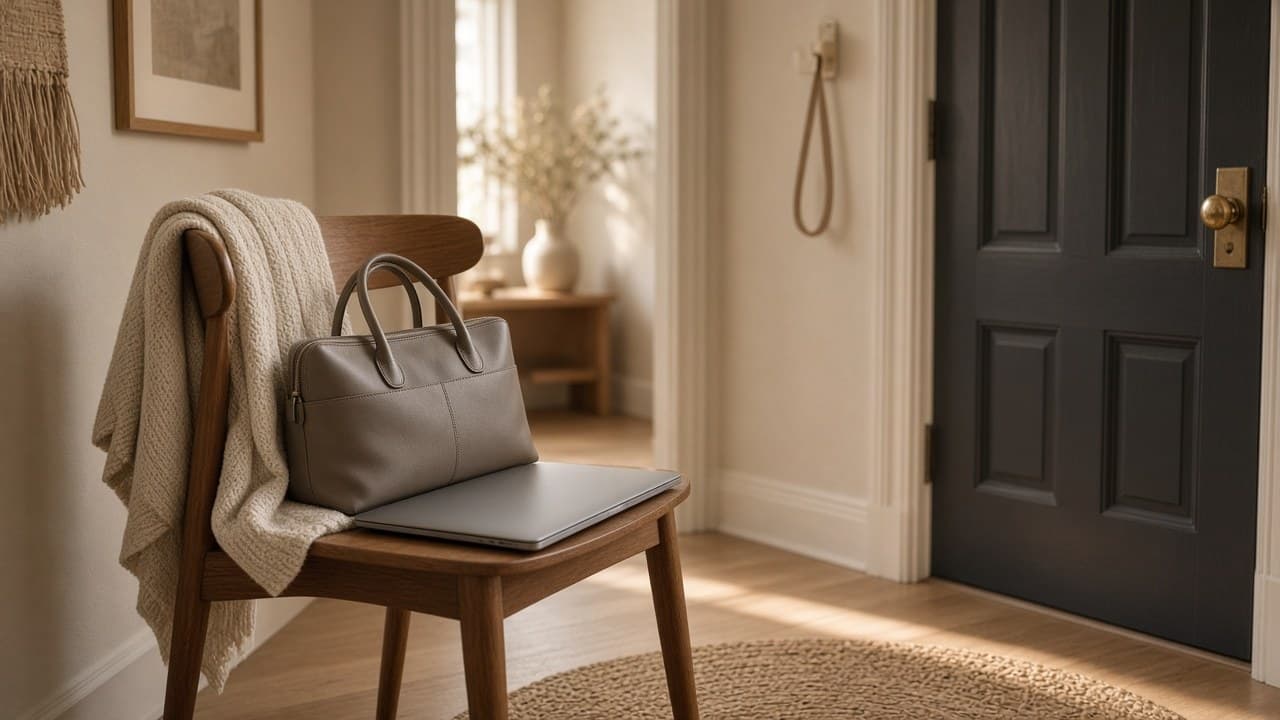 Work bag beside a breast pump tote and keys on a console table