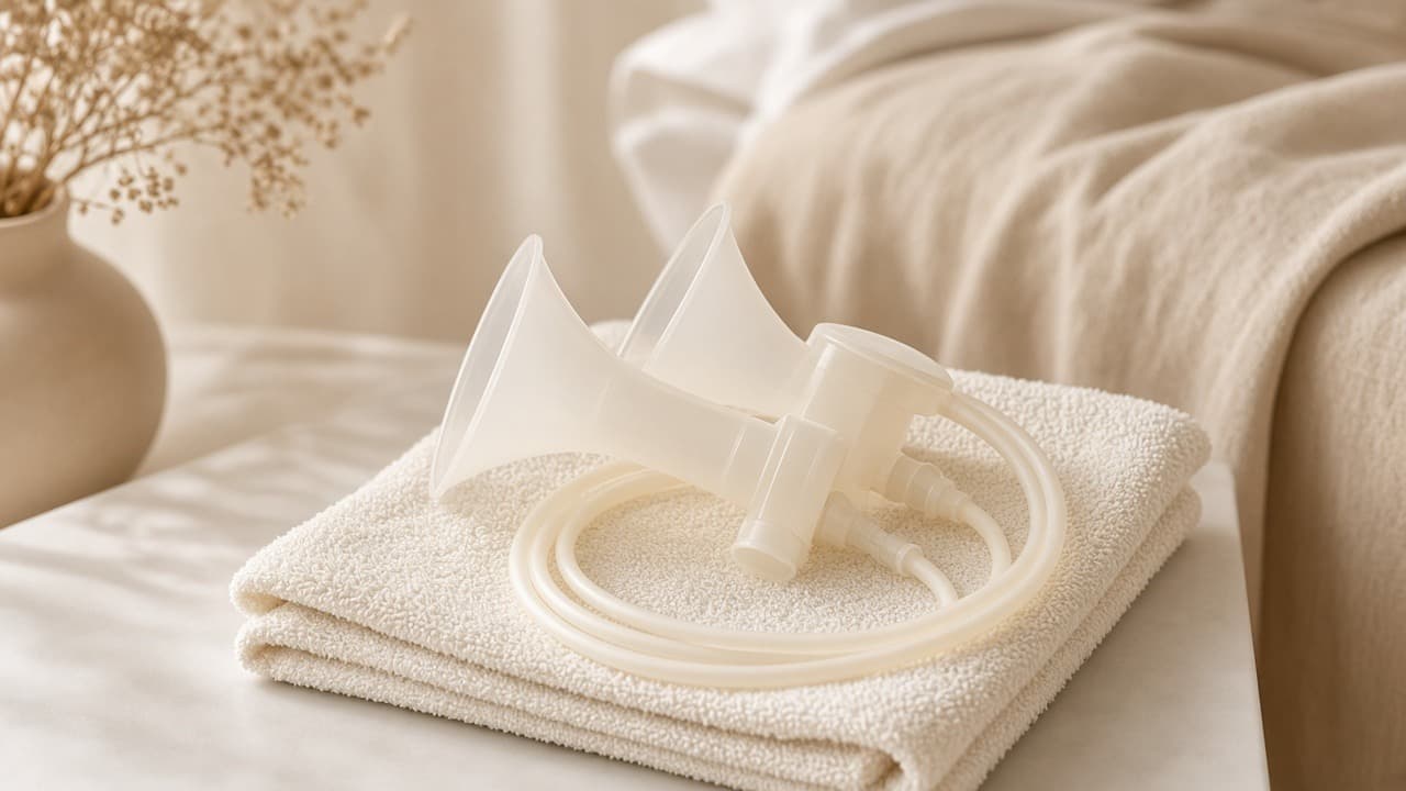 Unboxed breast pump parts on a cream towel in soft daylight, no logos