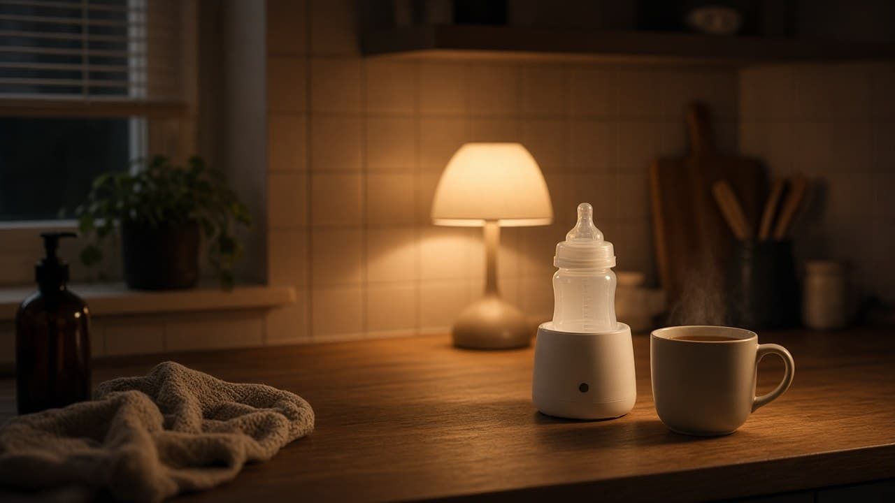 Hands preparing a bottle on a kitchen counter under soft warm light