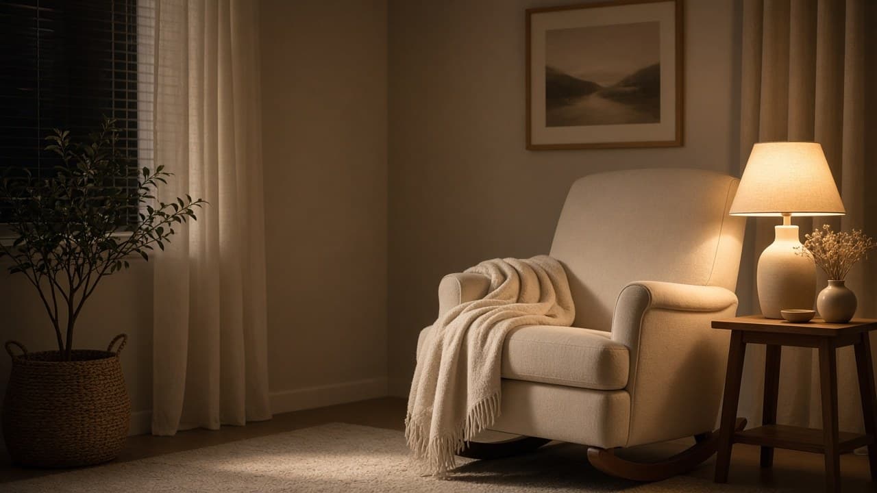 Dim bedside lamp beside a water glass and burp cloth at night