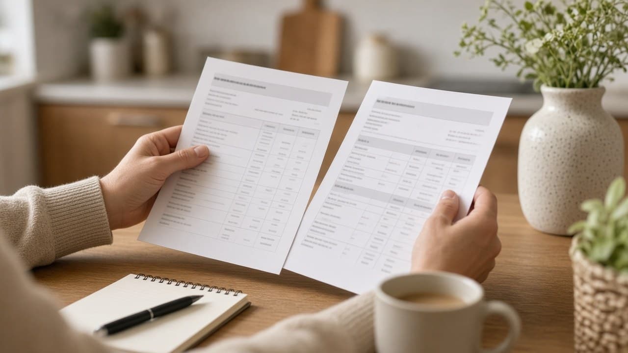 Hands reviewing a printed tuition sheet with numbers softly out of focus