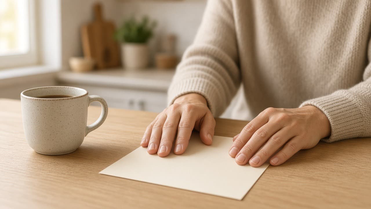 Hands resting on a short printed question list beside a mug, kitchen table, no readable text