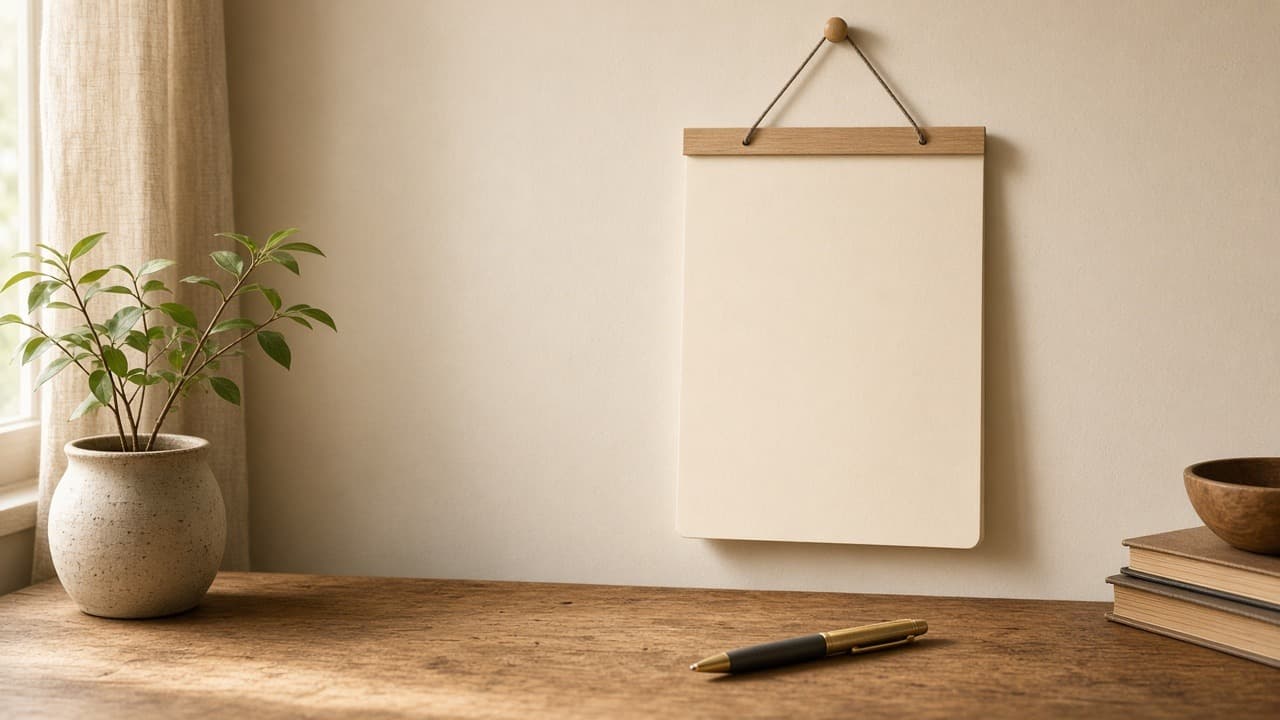 Calendar page and pen on a wooden desk with soft window light, no readable text