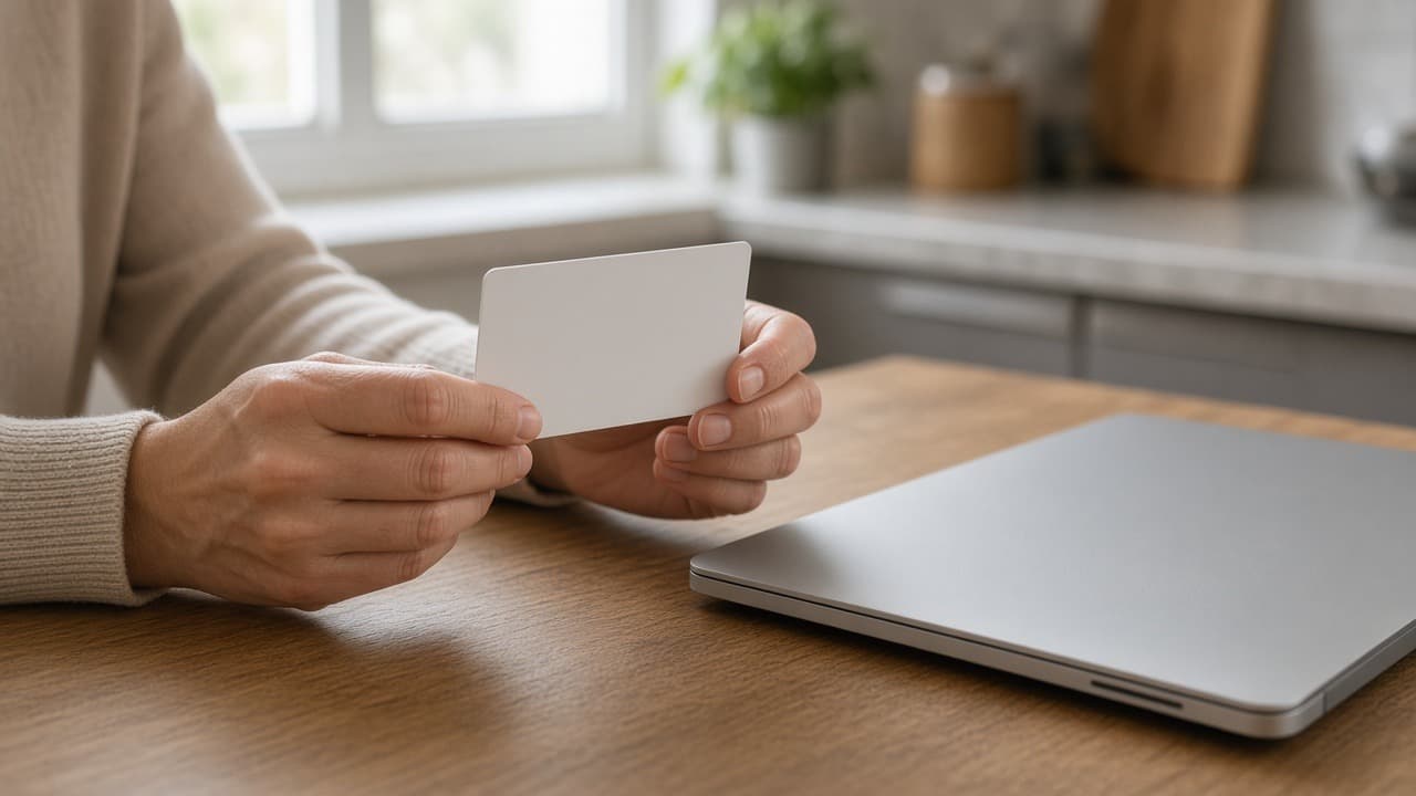Hands holding an insurance card beside a closed laptop, kitchen table