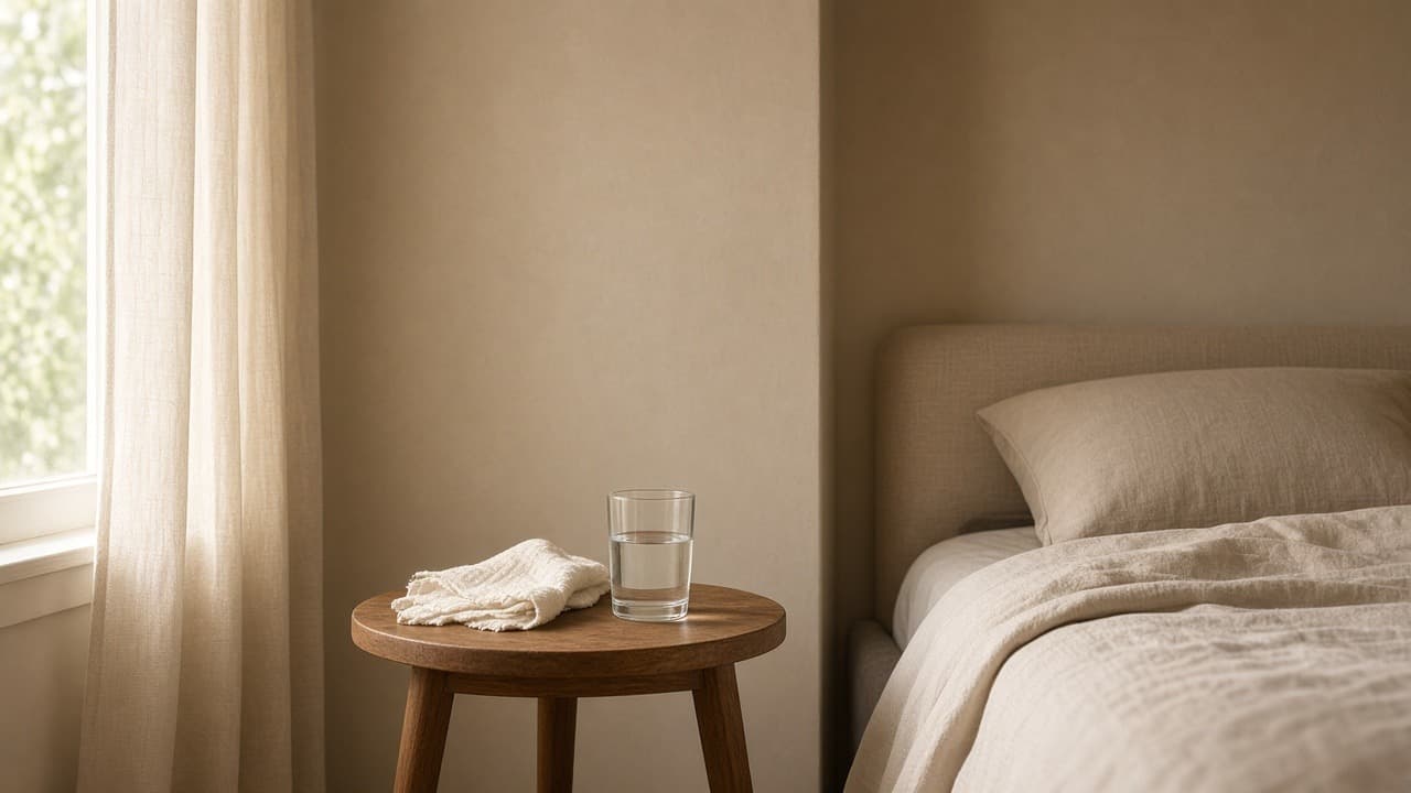 Quiet corner of a bedroom with a small side table and soft window light