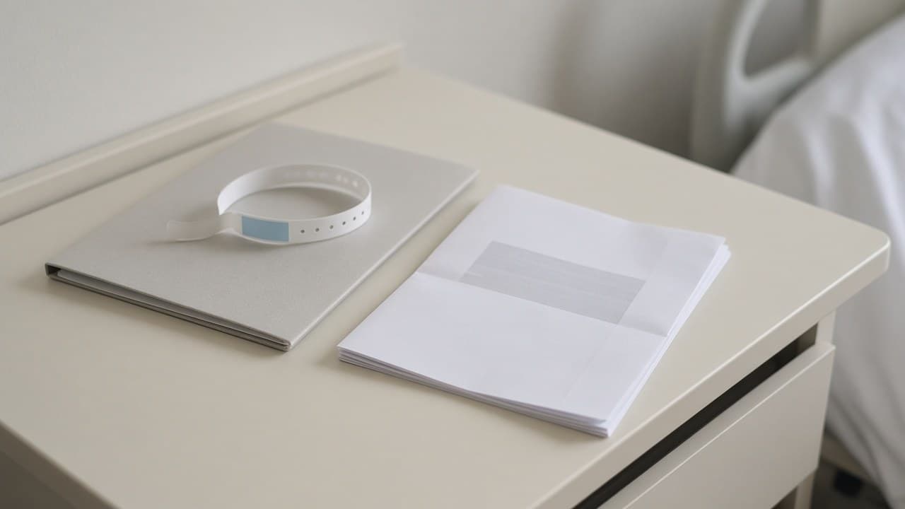 Hospital tote and slim folder resting on a bench, quiet hallway light