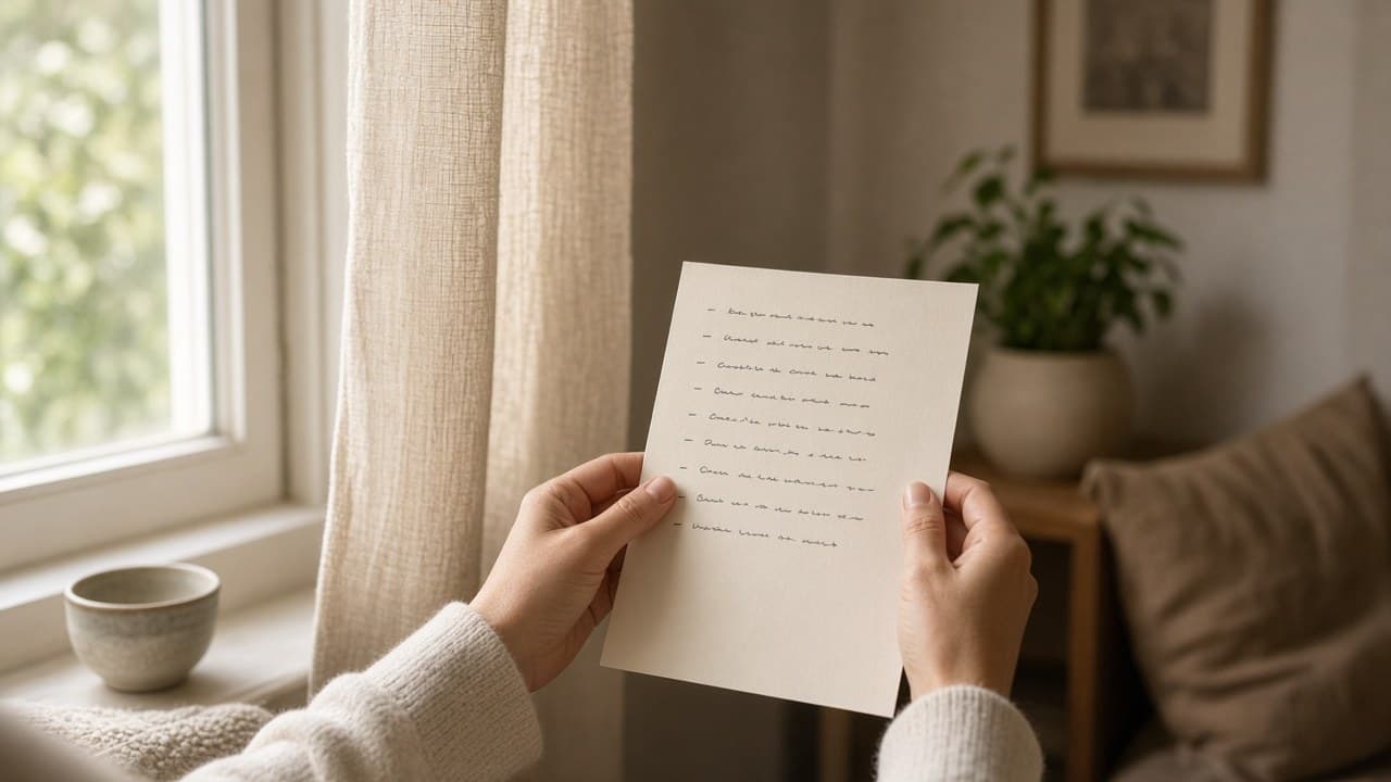 Hands holding a folded question list near a soft-lit window at home