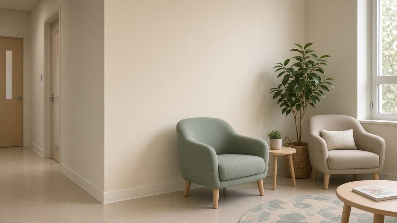 Pediatric clinic entrance signage blurred beyond a calm waiting-room plant